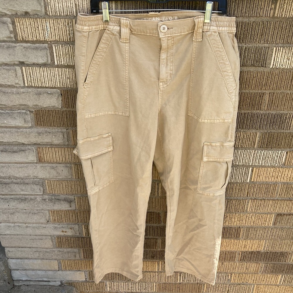 American Eagle Pants Women 14 Khaki Cargo Baggy Jogger Beige Stretch y2k Casual